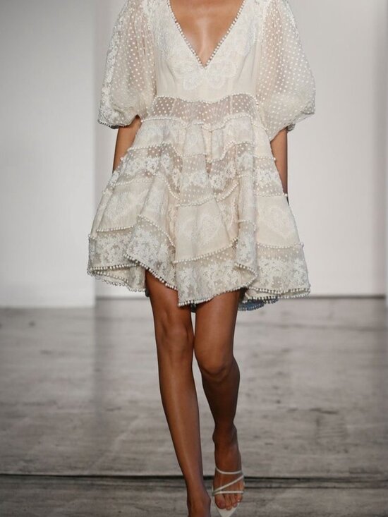 Zimmermann Dresses & Skirts - Zimmermann Cream Lace Tiered Mini Dress with Puff Sleeves